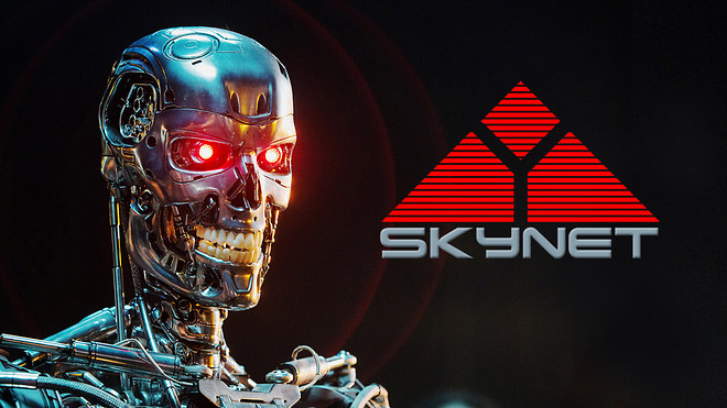 predicting scenarios Terminator next to SkyNet logo